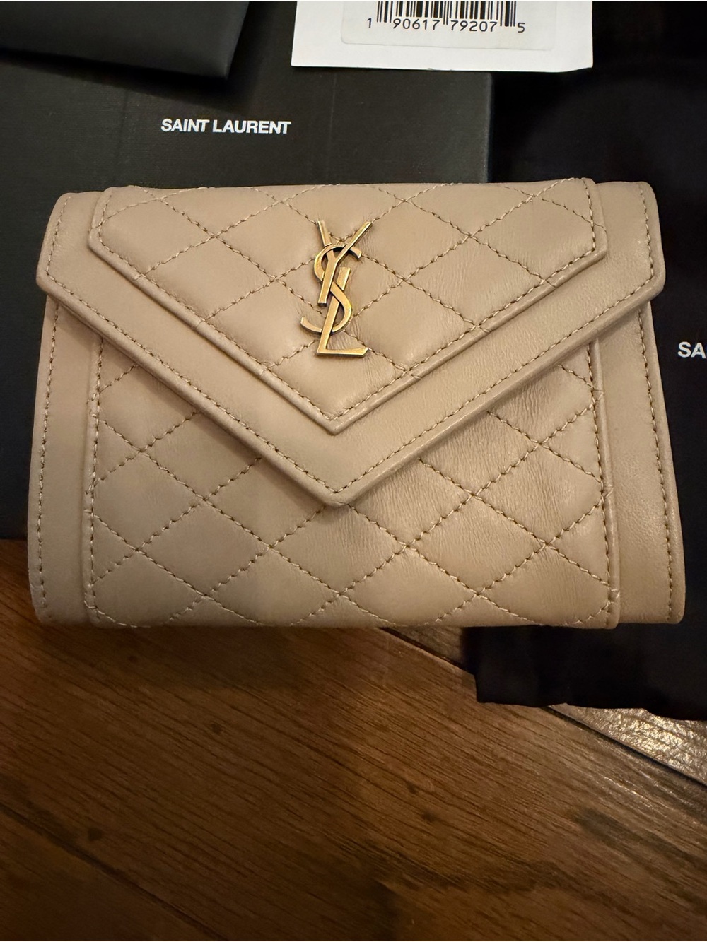 Saint Laurent Quilted Envelope Wallet in Taupe with Gold Hardware